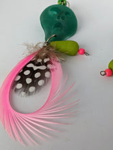 Load image into Gallery viewer, Sensational Pink Feather Earrings with Resin Skull Based on Edvard Grieg's 'The Scream'