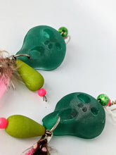 Load image into Gallery viewer, Sensational Pink Feather Earrings with Resin Skull Based on Edvard Grieg's 'The Scream'