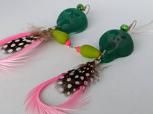 Load image into Gallery viewer, Sensational Pink Feather Earrings with Resin Skull Based on Edvard Grieg's 'The Scream'