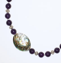 Load image into Gallery viewer, Pāua Shell Bead, Purple Amethyst and Silver Necklace