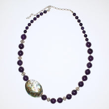 Load image into Gallery viewer, Pāua Shell Bead, Purple Amethyst and Silver Necklace