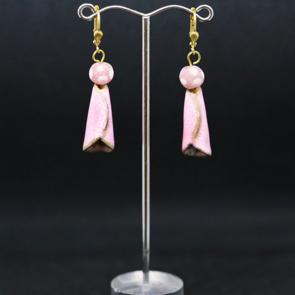 Quirky Earrings with Pink Enamelled Copper Cones with Gold trim by Janice Rietdyk