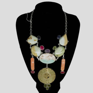 Striking Vintage Necklace With Large Jade Pendant, Turquoise & Coral Beads