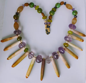 Unique Necklace of Sea Urchin Spines, Ametrine, Amethyst, Turquoise, Jade & Wood