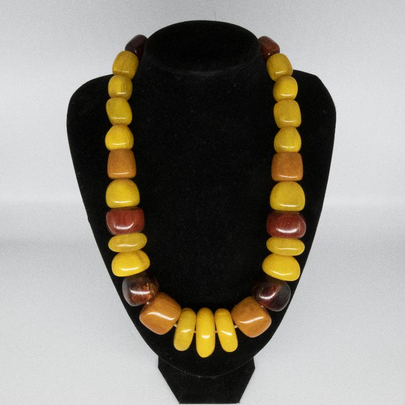 Vintage Tibetan Amber Necklace With Red Resin Accent Beads.