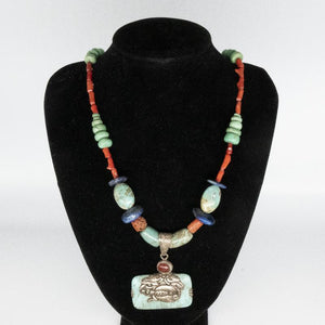 Vintage Turquoise, Coral and Lapis Lazuli Necklace With Blue Pendant and Silver Overlay.
