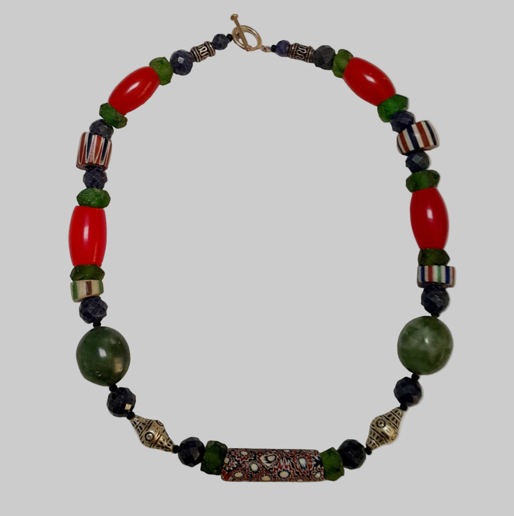 Eclectic Lapis and Jade Gemstone, African Trade Bead Necklace by Christine Smalley