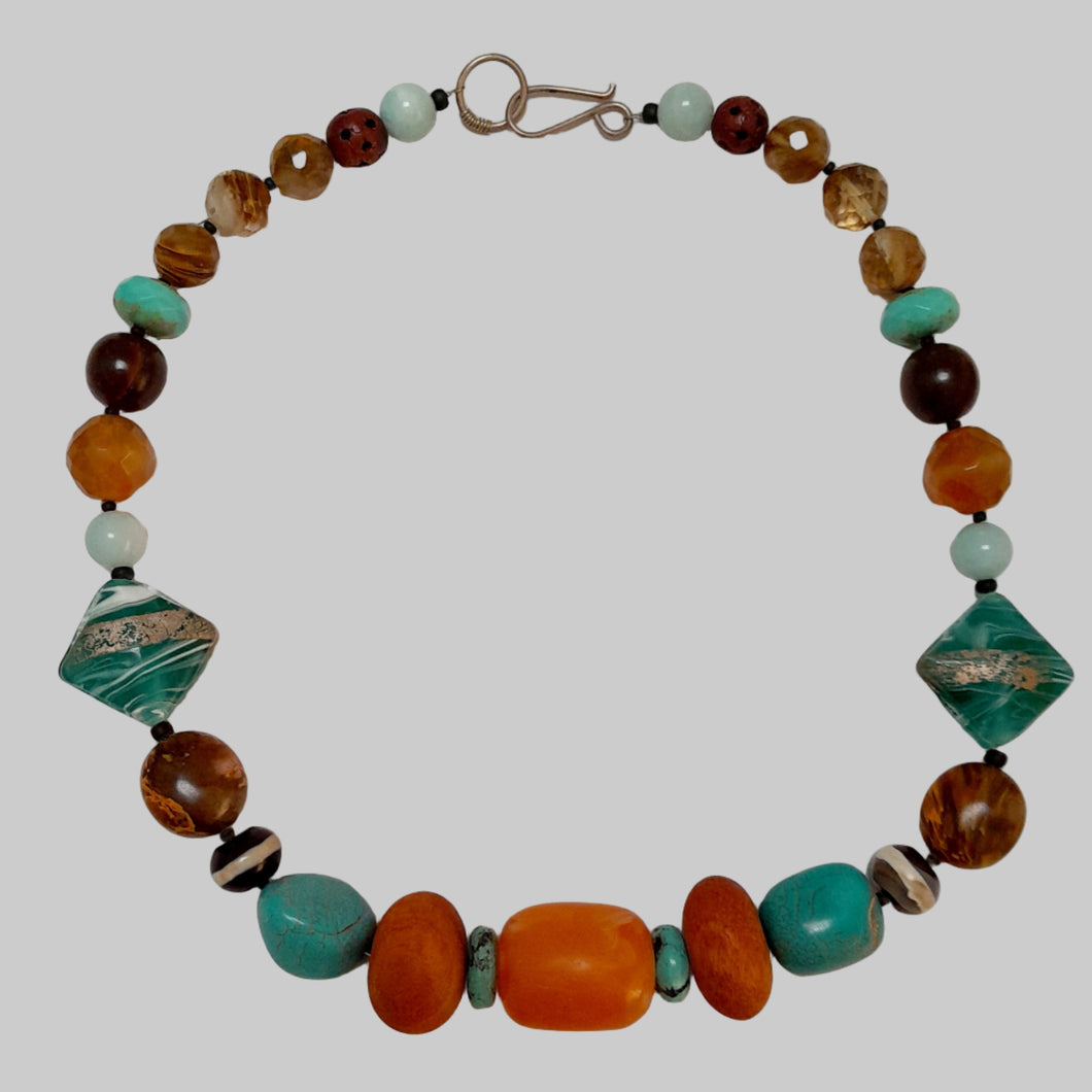 Amazonite, Turquoise, Unikite Gemstone, Wooden Bead and Horn Chunky Necklace