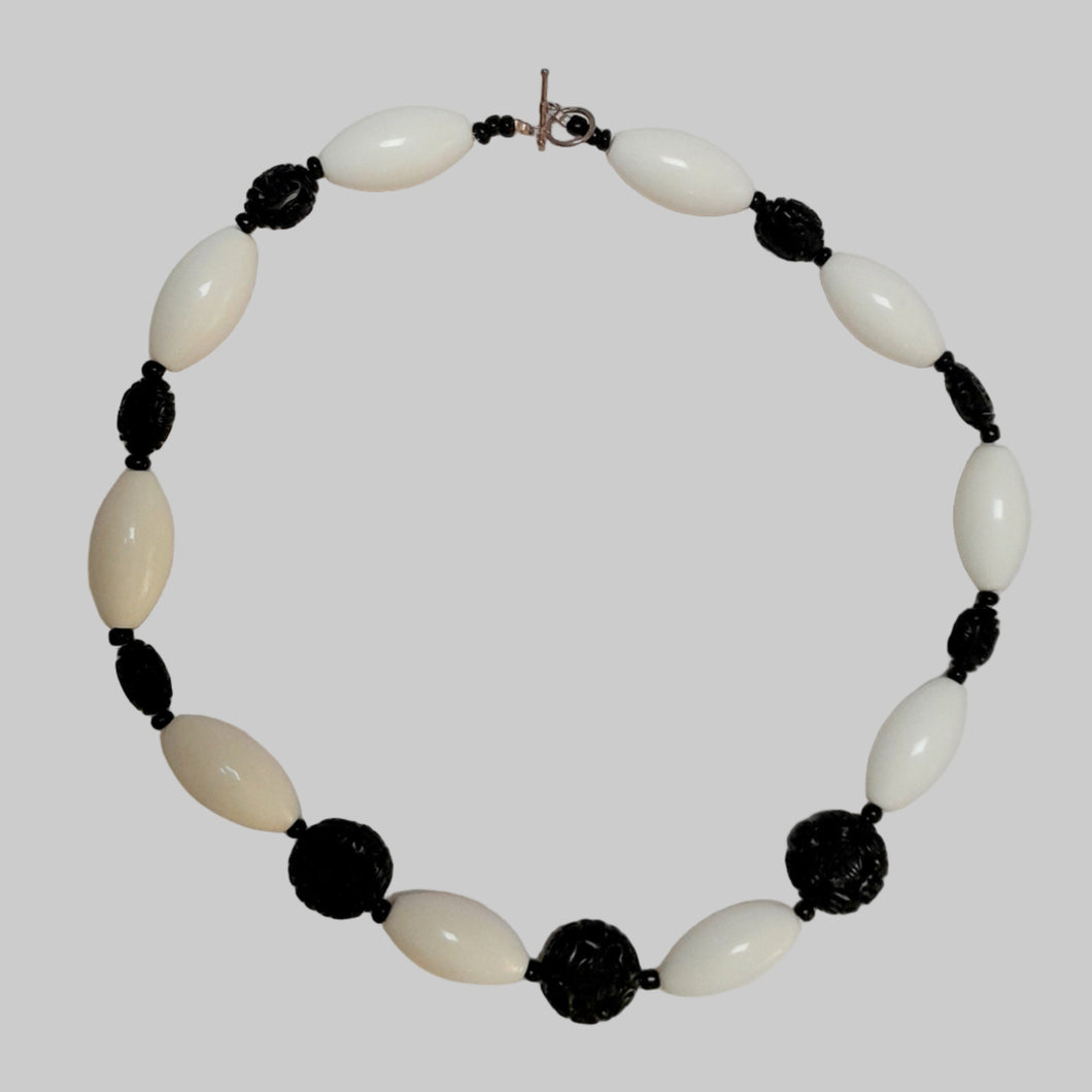 Black Cinnabar and White Glass Bead Chunky Necklace