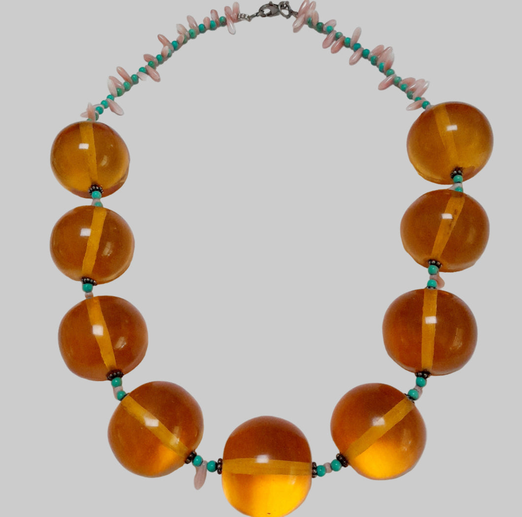Chunky Amber Resin, Coral, and Turquoise Bead Necklace