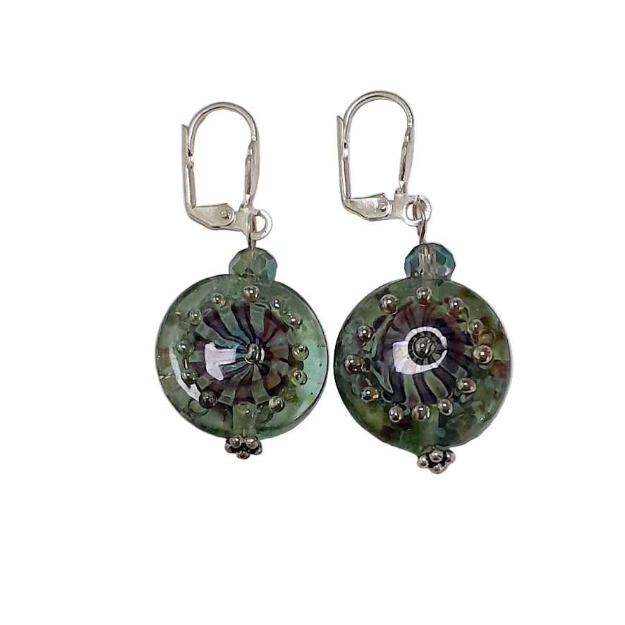 Handmade Sage Green Glass with Amethyst Swirls Lentil Earrings | Beads by Liz DeLuca