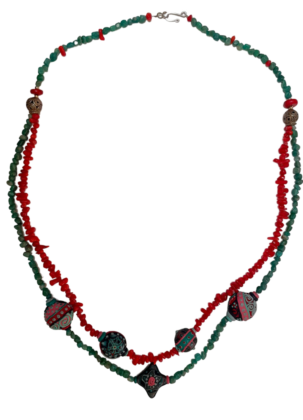 Amazonite and Coral Gemstone, with Handmade Polymer Clay Beads, Double Strand Necklace