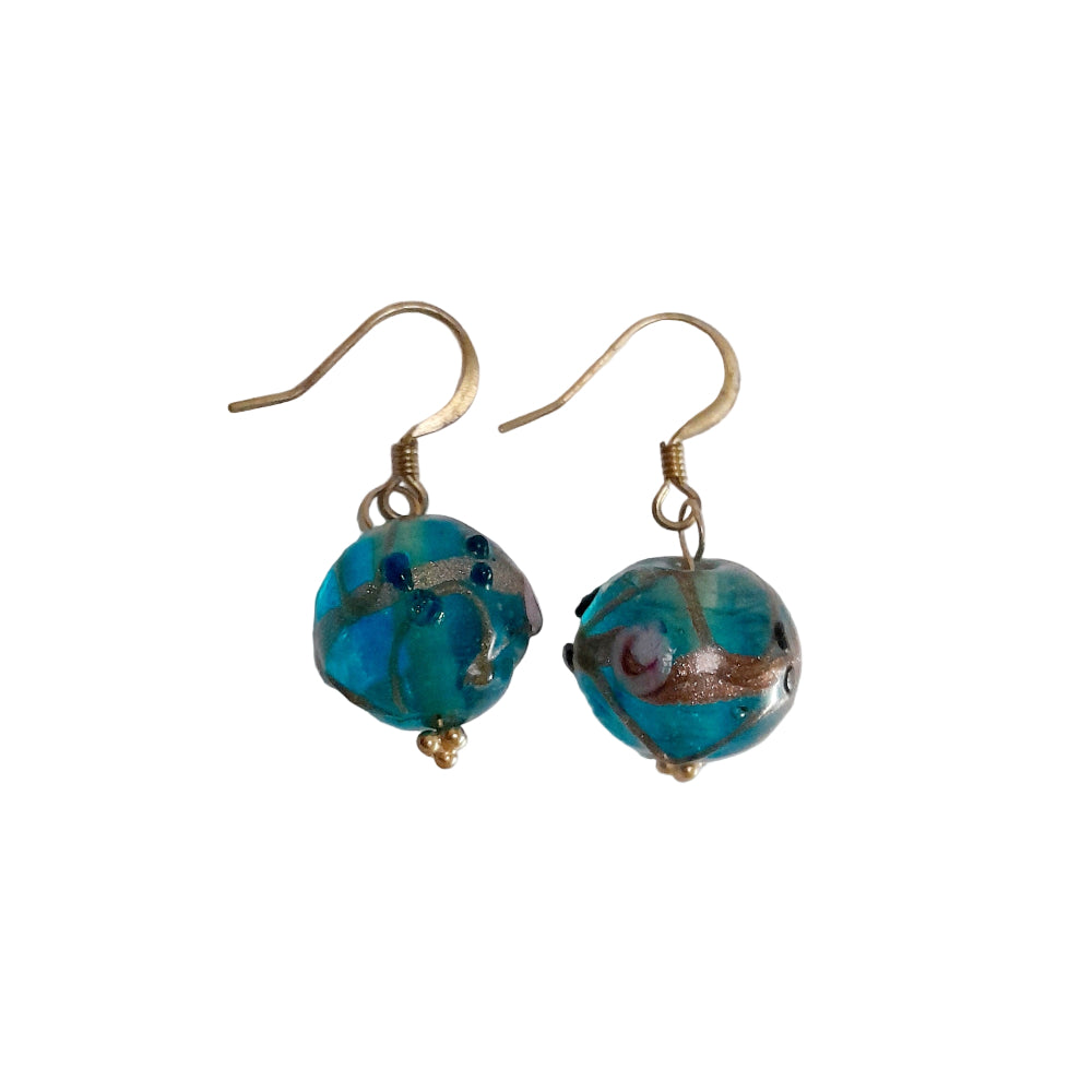 Handmade Turquoise Blue Glass with Pink Roses and Aventurina Swirls  Earrings | Beads by Liz DeLuca