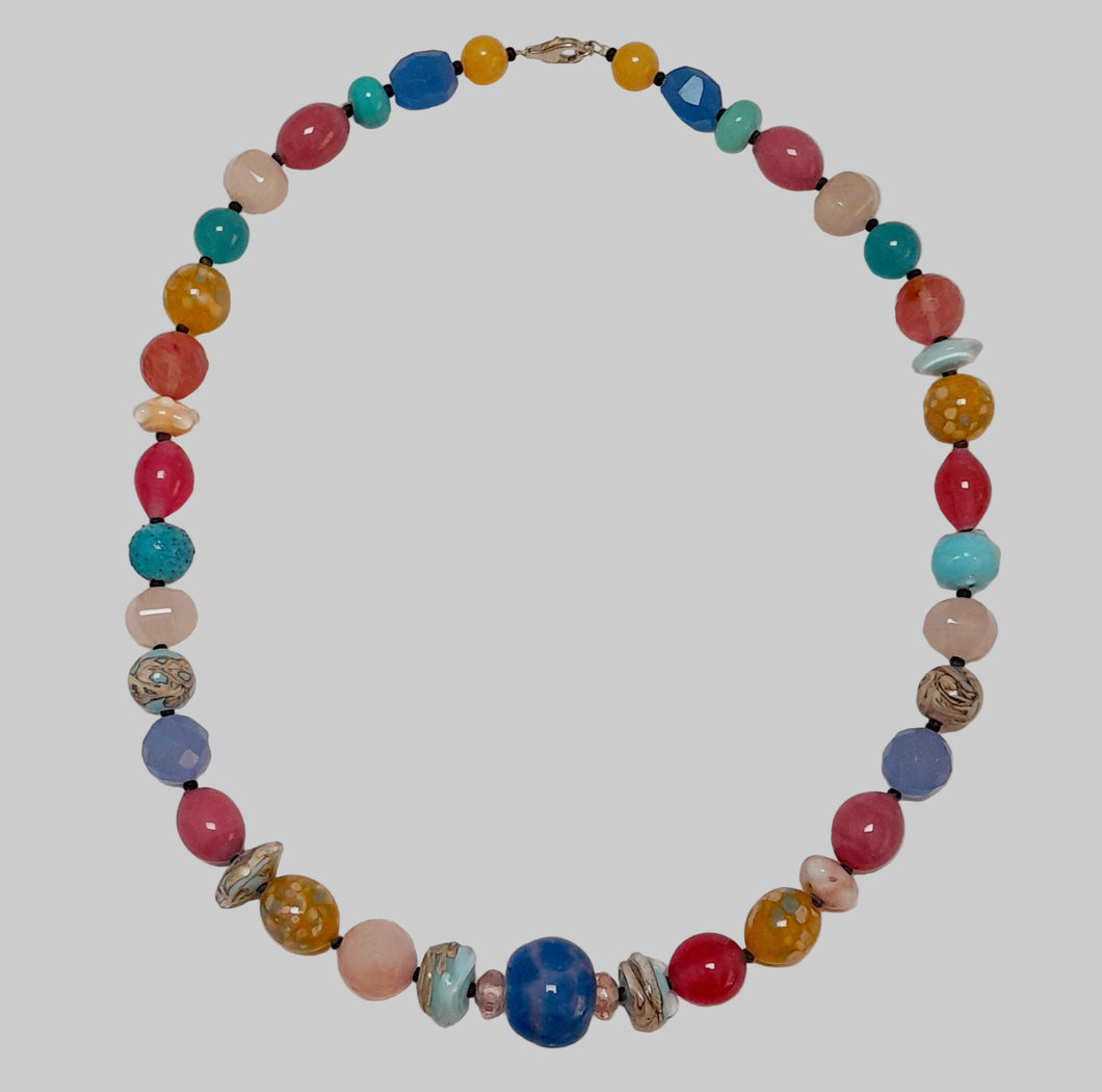Handmade Glass Beads, Jade, and Cherry Quartz Necklace
