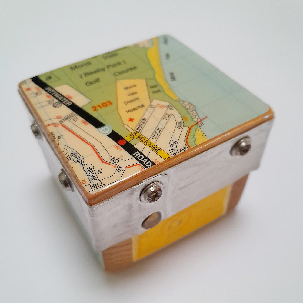 Small Wooden Square Box with Mona Vale Decoupage Map