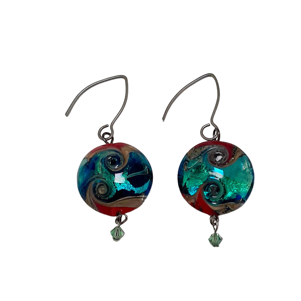 Handmade Red Glass with Teal and Turquoise Swirls Lentil Earrings | Beads by Liz DeLuca