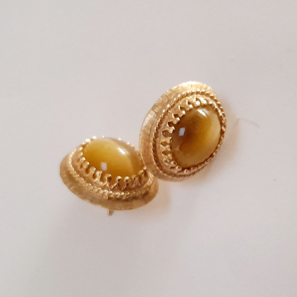 1980s Tigers Eye and Gold Stud Earrings