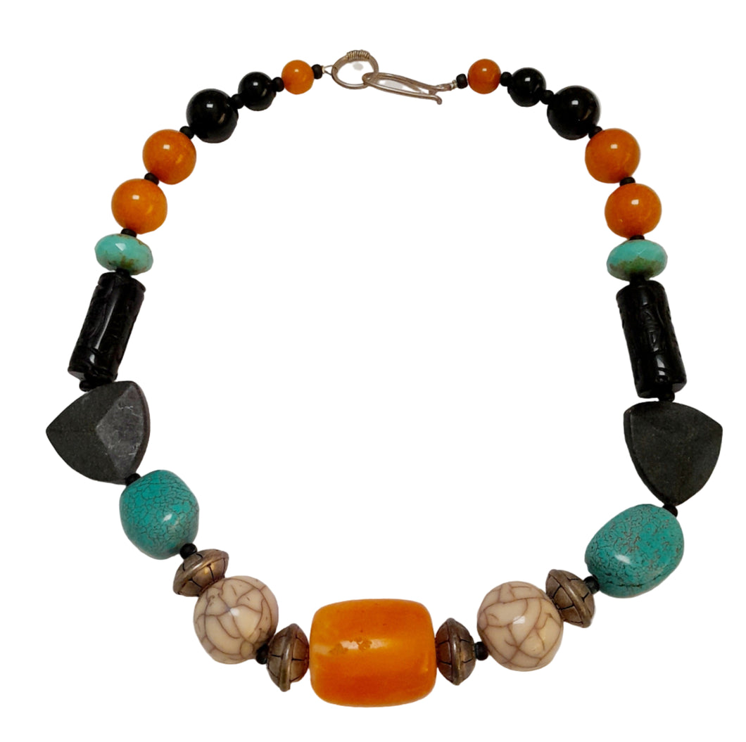 Onyx, Turquoise, Jade Gemstone,  and Amber Resin Chunky Necklace