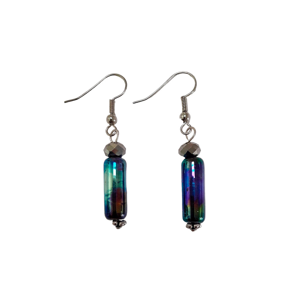 Venetian Irredescent Tube Lampwork and Swarovski Crystal Earrings