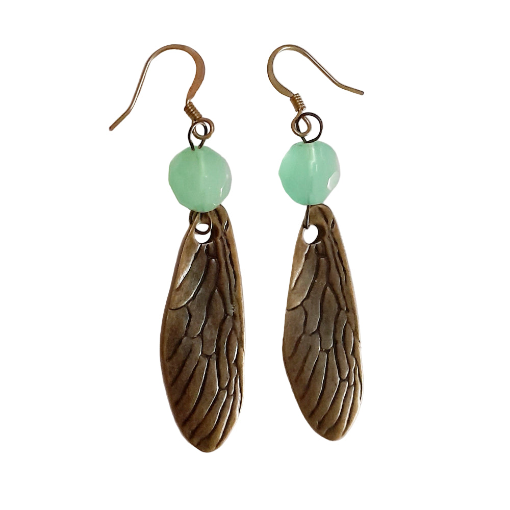 Handmade Earrings With Gems Agate and Brass Charm Cicada Wings
