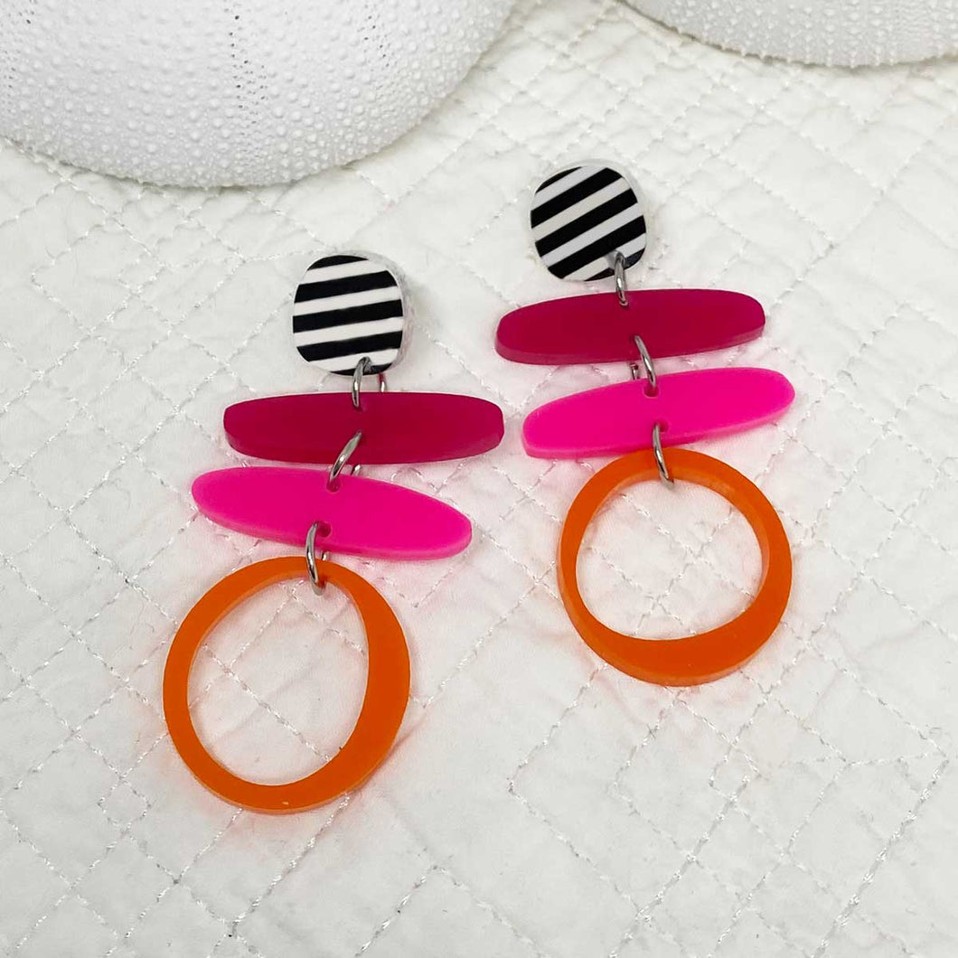 AMY Earrings - Black and White Striped, Crimson, Hot Pink and Orange by Skitty Kitty