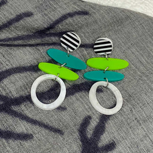 AMY Earrings - Black and White Striped, Lime, Jade and White Marble Earrings by Skitty Kitty