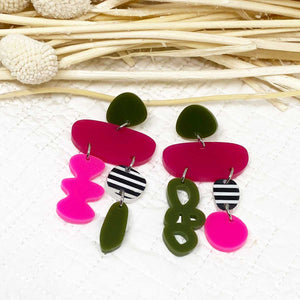 Bobo Earrings - Olive, Crimson, Hot Pink and Stripes by Skitty Kitty