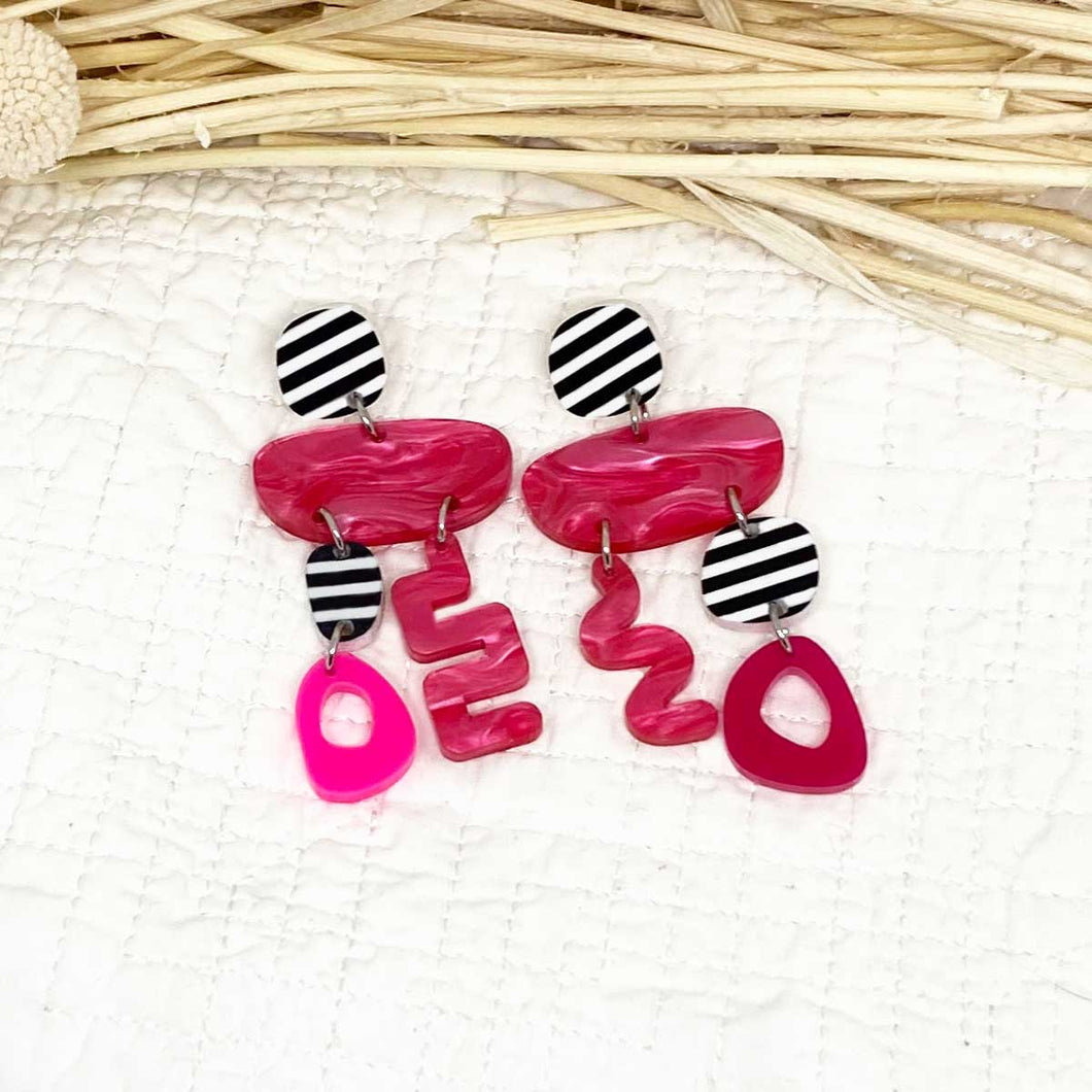Bobo Earrings - Pink Ripple, Hot Pink, Crimson and Stripes by Skitty Kitty