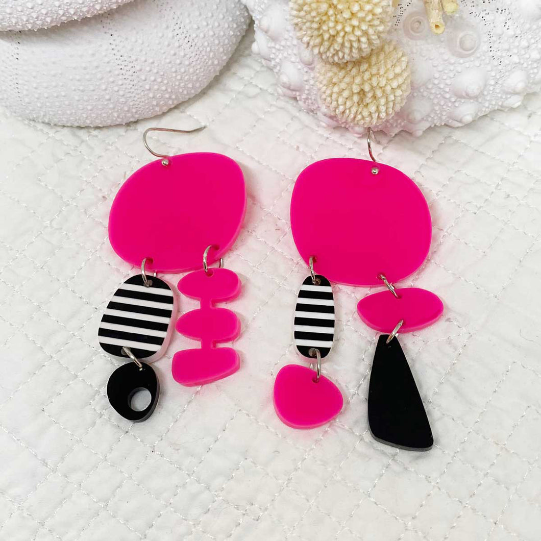 Bojangles Earrings - Hot Pink, Black and White by Skitty Kitty