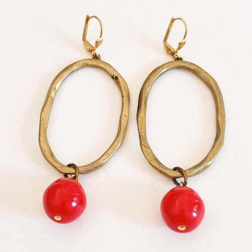 Czech Glass Earrings Oval Drop Dangle Cherry Red