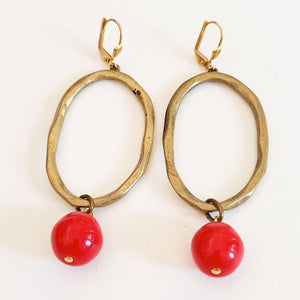 Czech Glass Earrings Oval Drop Dangle Cherry Red
