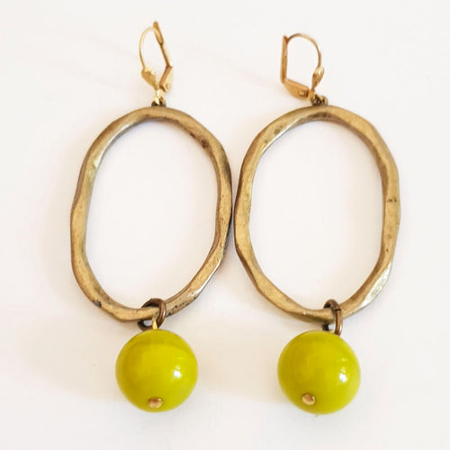 Czech Glass Earrings Oval Drop Dangle Chartreuse