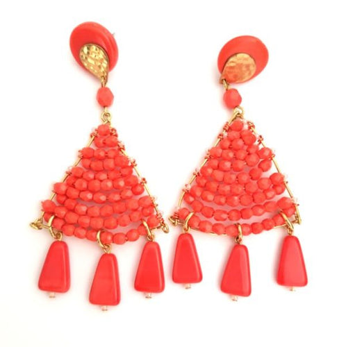 Boho Earrings Woven Beaded Triangle Fringe Coral