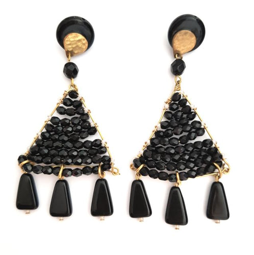 Boho Earrings Woven Beaded Triangle Fringe Black