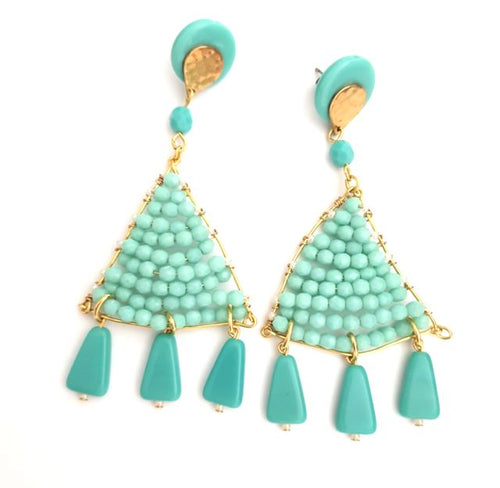 Boho Earrings Woven Beaded Triangle Fringe Aqua