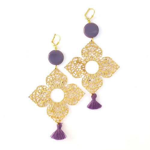 Boho Earrings Medina Brass Filigree Tassel Violet