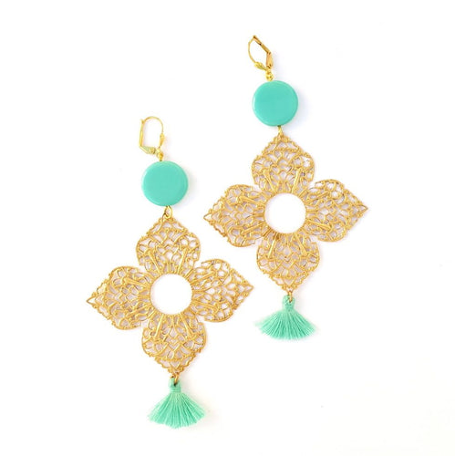 Boho Earrings Medina Brass Filigree Tassel Aqua