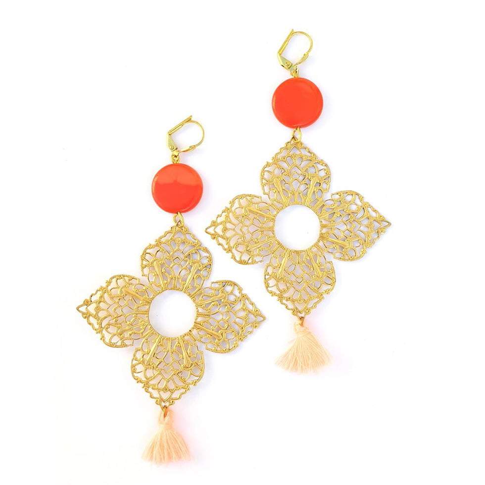 Boho Earrings Medina Brass Filigree Tassel Coral