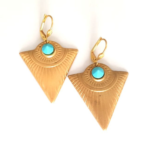 Boho Earrings Arrow Brass & Swarovski Turquoise