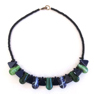 African Trade Bead Necklace Navy Green