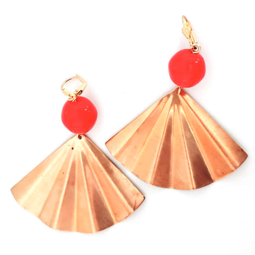 Boho Earring Brass Fan Red