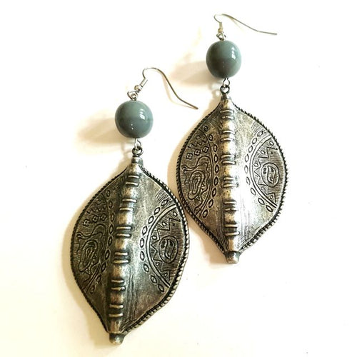 Boho Earrings Shield Grey Antique Silver