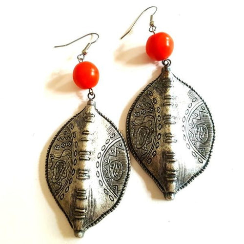 Boho Earrings Shield Orange Antique Silver