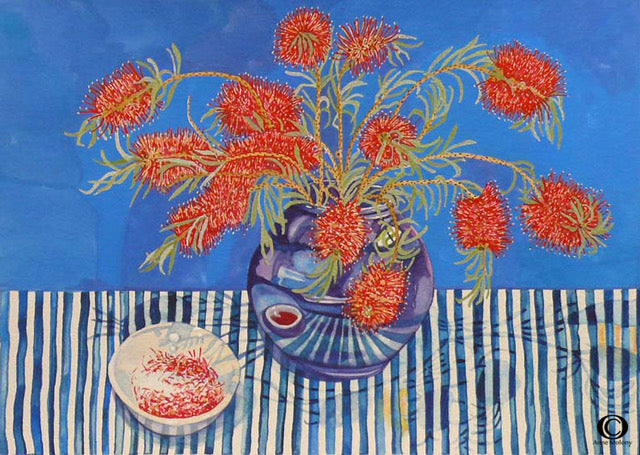 Calsitemons in Blue Vase by Anne Molony