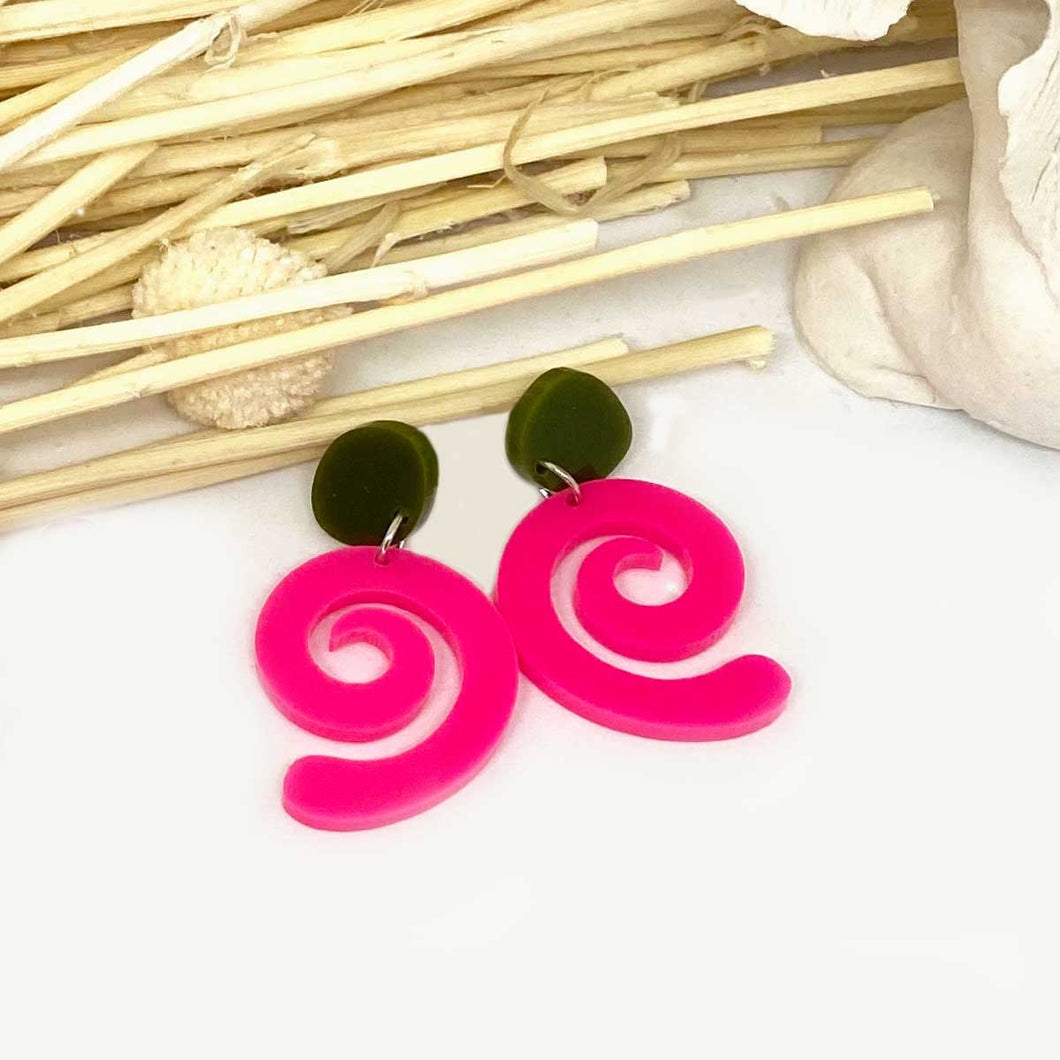 Curly - Hotpink with Olive Green earbutton   SOLD