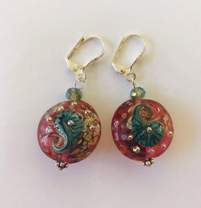 Unique Earrings with Cherry Red and Teal Glass Beads by Liz Deluca