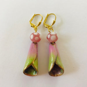 Stylish Earrings with Pink and Green Enamel Cone with Gold Trim Jan Rietdyk