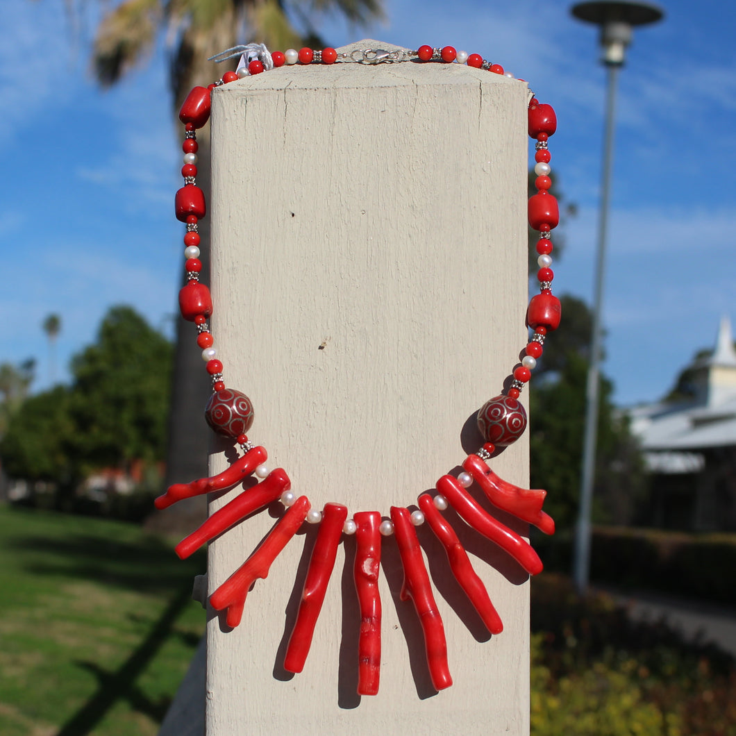 Coral, Glass, Freshwater Pearl & Silver Tibetan Bead Necklace