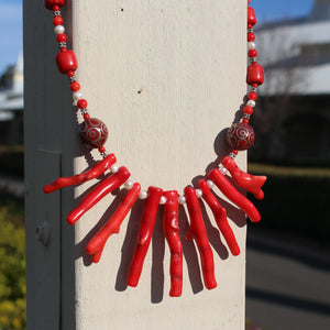 Coral, Glass, Freshwater Pearl & Silver Tibetan Bead Necklace