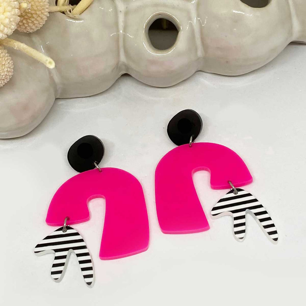 Meldi - Hot Pink with Black and White Striped Dangle and Black Earbutton
